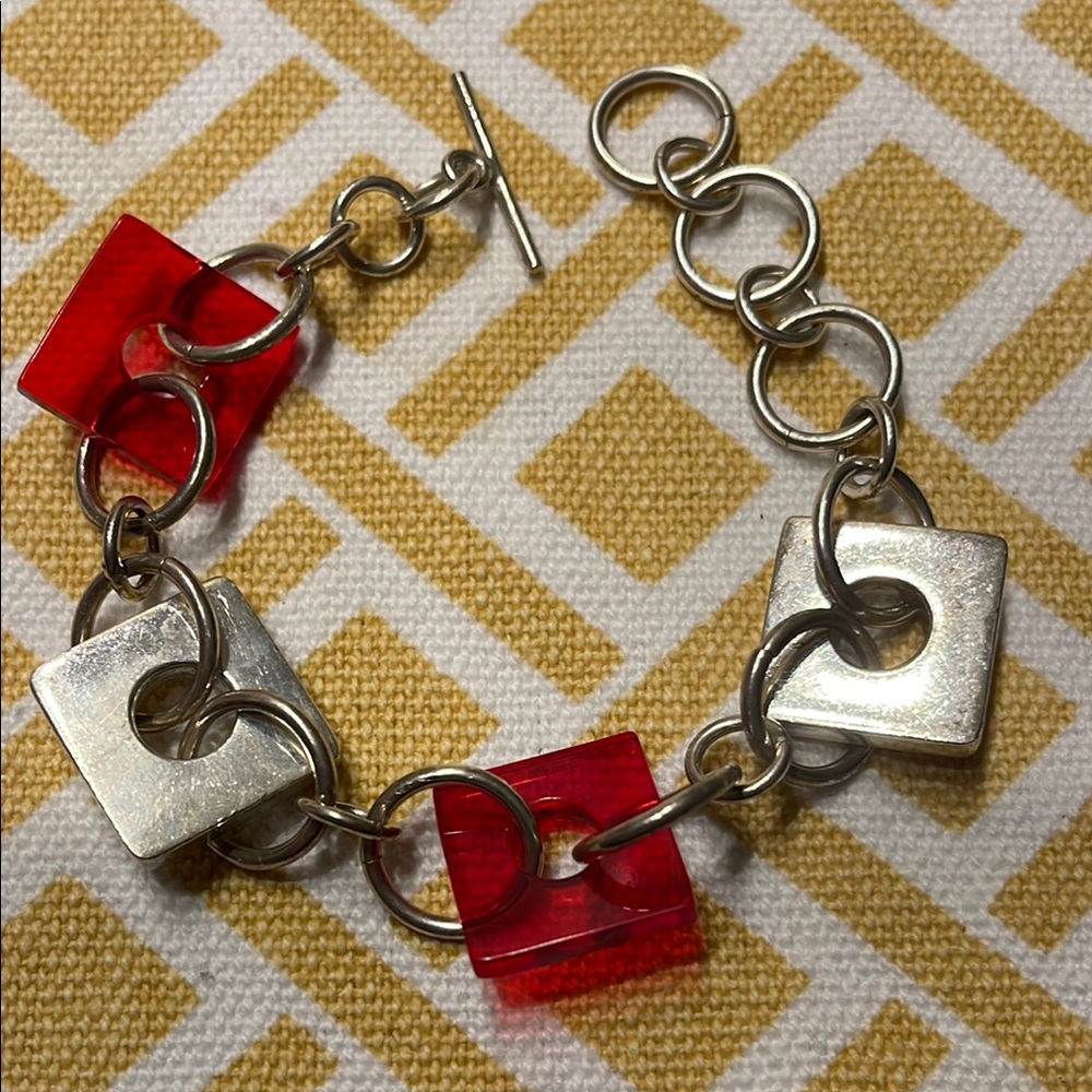 Silver and Red Geometric Bracelet